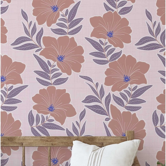 S4sassy Self-Stick Decorative Wallpaper, Blue Wildflower Leafy Print Wall Paper, Vinyl Waterproof Contact Paper, Pink, 25"x120" inch Removable Renter Friendly Wall Covering For Bedroom, Dining room