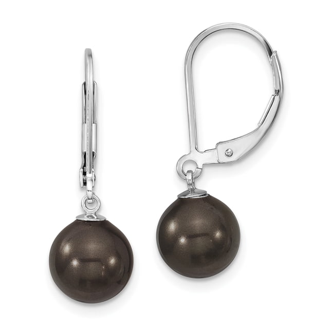 925 Sterling Silver 8 9mm Black Simulated Shell Pearl Leverback Drop Dangle Earrings Natural Stone