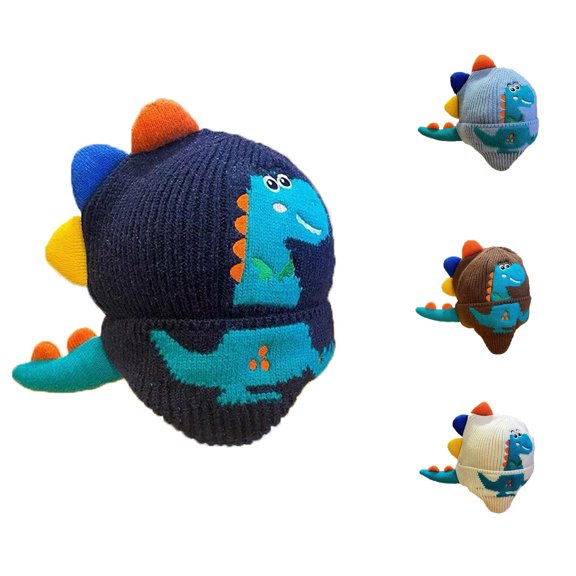 Krdevn Baby Winter Knit Earflap Hat 3D Cartoon Dinosaur Full Jacquard Plush Spine Tail Lined Windproof Thick Warm Hat for Toddler Boys Girls Outdoor Cold Weather