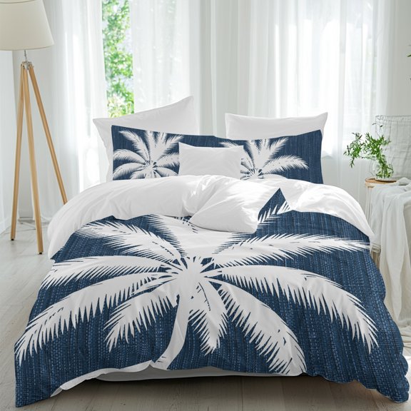 Duvet Cover Twin Size 3 Piece Bedding Set, Summer Palm Tree on Navy Blue Soft Breathable Comforter Cover with 2 Pillow Shams, Modern Minimalist Art Luxury Duvet Covers with Zipper Closure