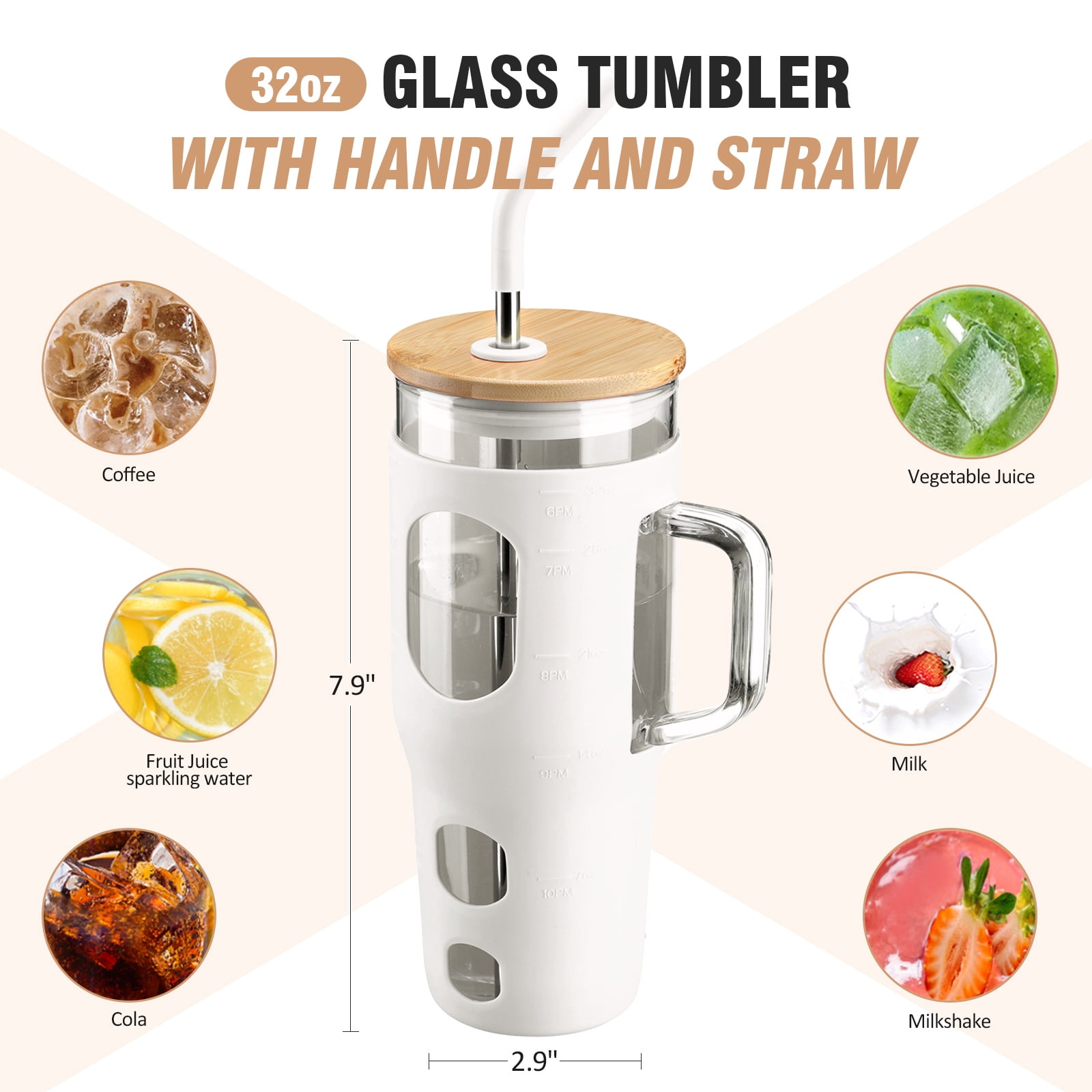 MUKOKO 32 oz Glass Tumbler , Glass Water Bottle with Capacity Marker and Silicone Sleeve, Iced Coffee Drinking Cup with Straw and Lid, Leakproof Suitable for Cup Holders, White