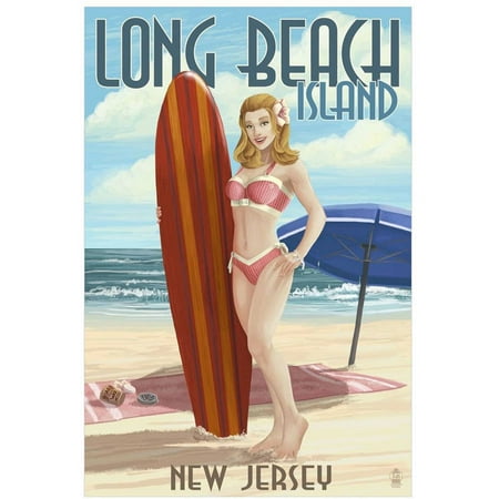 Surfer Girl Poster Long Beach Island, New Jersey - Pinup Surfer Girl: Retro Travel Poster by Eazl Canvas Poster ()