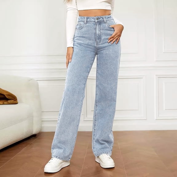 WGRFFH Straight Leg Jeans for Women,High Waisted Wide Leg Stretchy Boyfriend Denim Pants Baggy Jeans,Loose Microelastic,Vintage Hip Hop,Y2k 90s,Trendy Fashion, Casual Wear Light Blue M