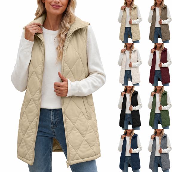 Women's Collar Quilted Vest Casual Sleeveless Zip Up Jackets Lightweight Puffer Coat with Side Pockets for Fall Winter