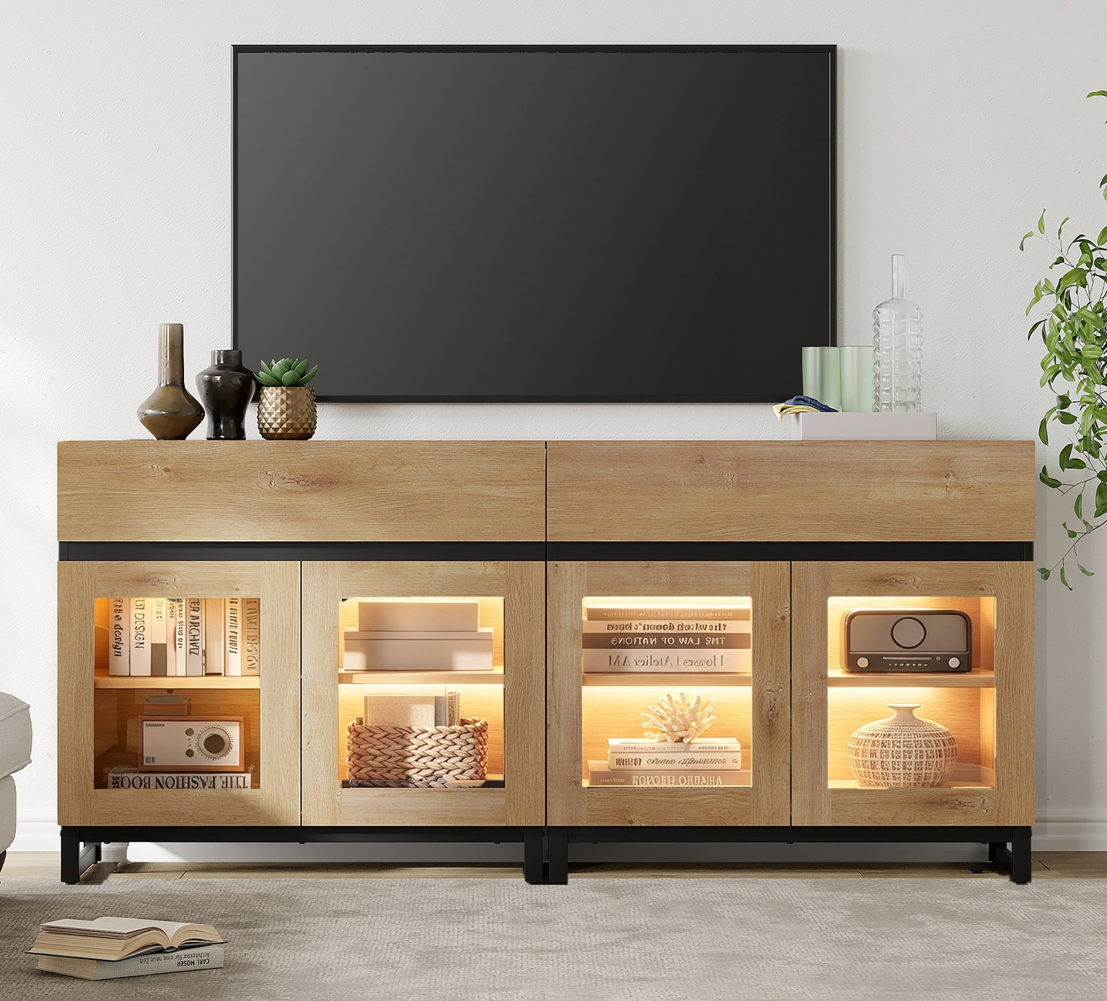 Modern TV Stand with Glass Door & Drawer, Metal Base Entertainment Console up to 70 Inch TVs, Media Console for Living Room & Bedroom,Oak