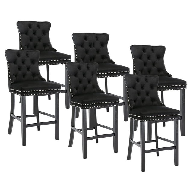 Velvet Upholstered Dining Bar Chairs Counter Height Barstools Wood Legs with Button Tufted Nailed Trim Back Ring for Home Bar Dining Room(Black,Set of 6)