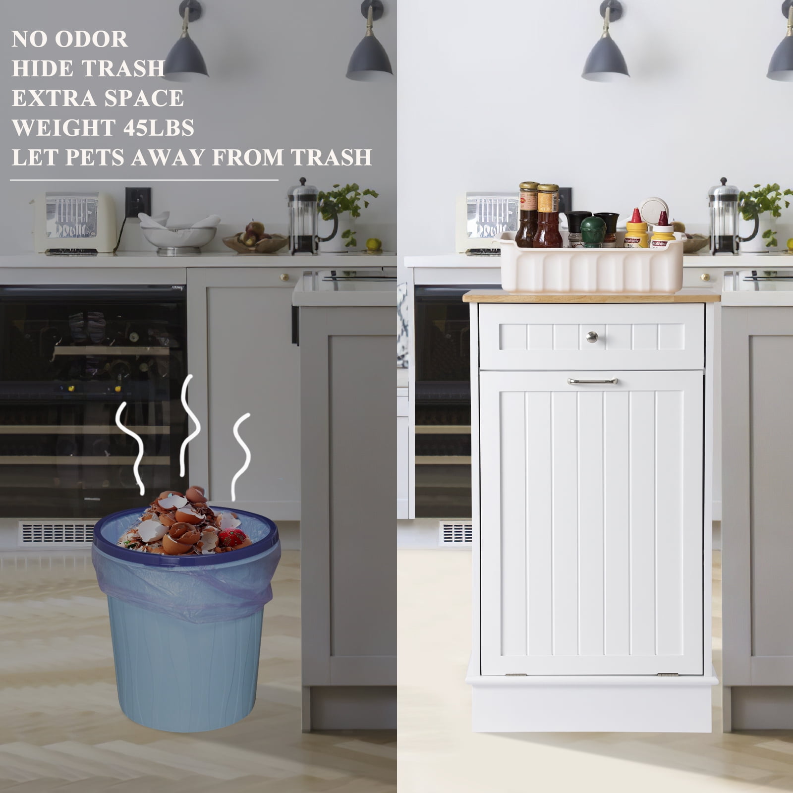 Kigoty Kitchen Trash Can Cabinet, 10 Gallon Tilt Out Trash Canbinet Wood Garbage Hamper Pet Proof, White