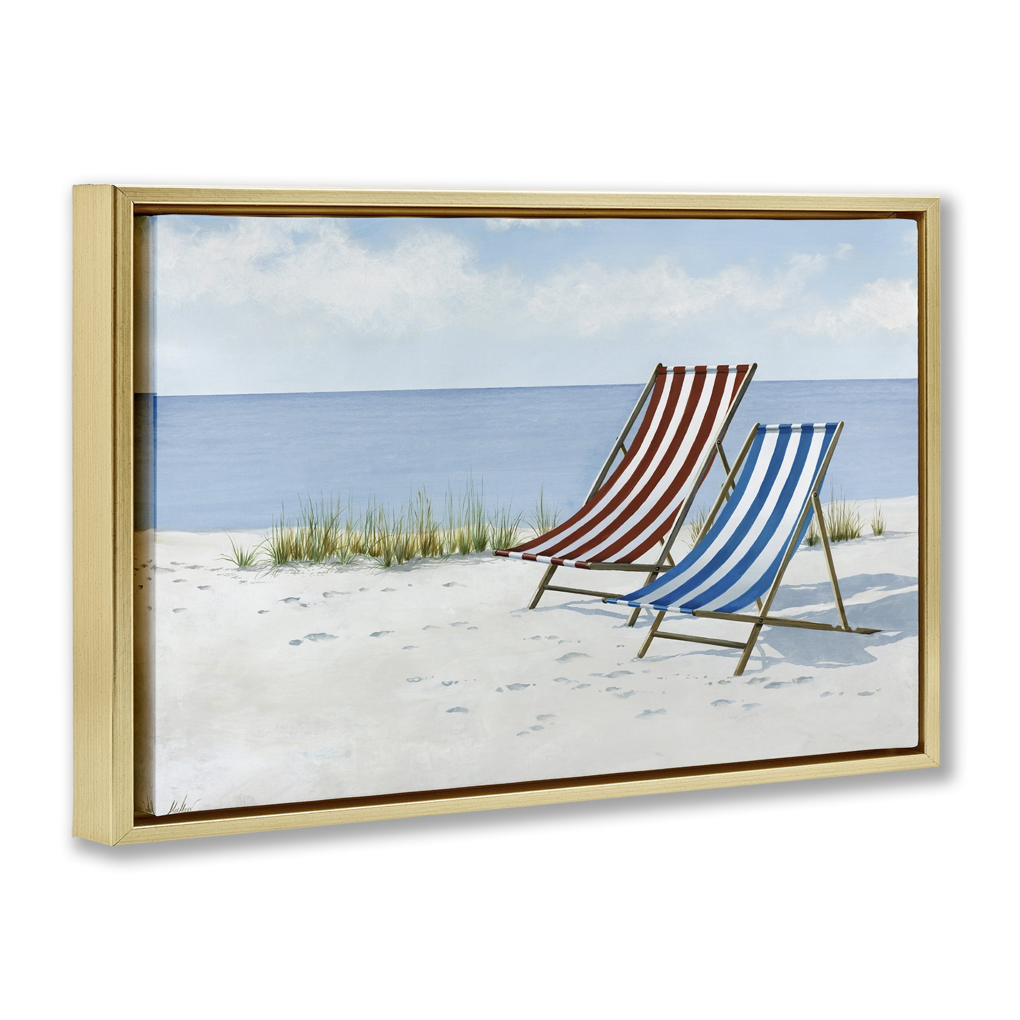 Stupell Industries Serene Beach Chairs Landscape Painting Gold Floater Framed Canvas Art Print Wall Art, 25 x 17