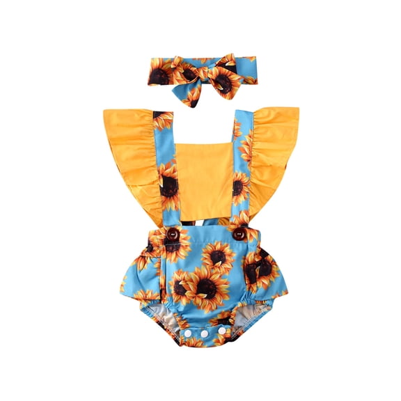 Douhoow Infant Girl Sleeveless Ruffle Sunflower Romper Headband Baby Summer Clothes