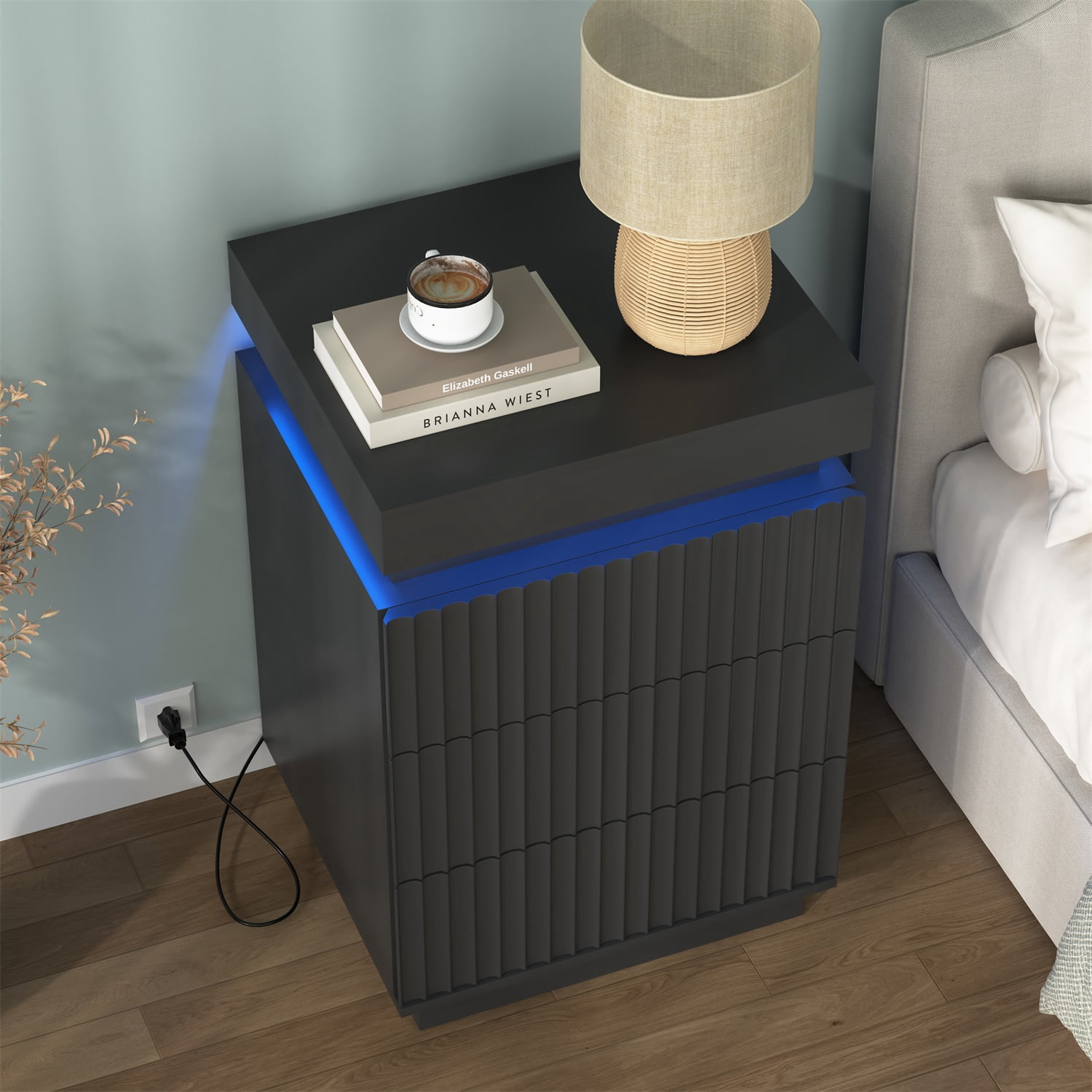 Hommoo Nightstand End Table Set of 2 with Fast USB Charging Station, Modern Wood Storage Sofa Side Table with 2 Drawers and LED lights, for Living Room,Bedroom,Office, Black