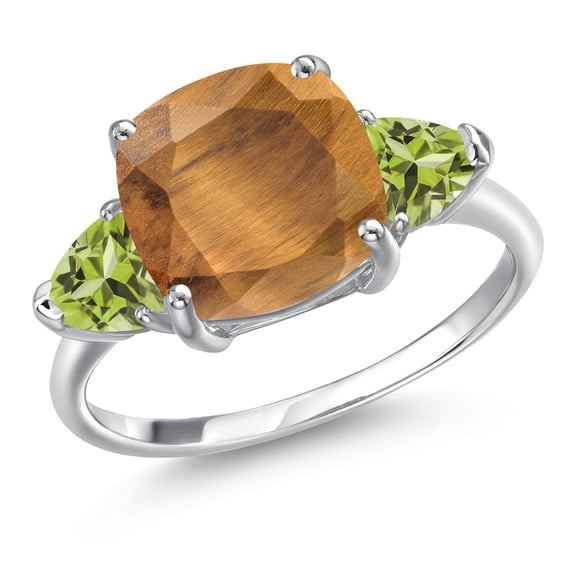 Gem Stone King 4.46 Ct Cushion Brown Tiger Eye Green Peridot 10K White Gold Ring (Size 5)