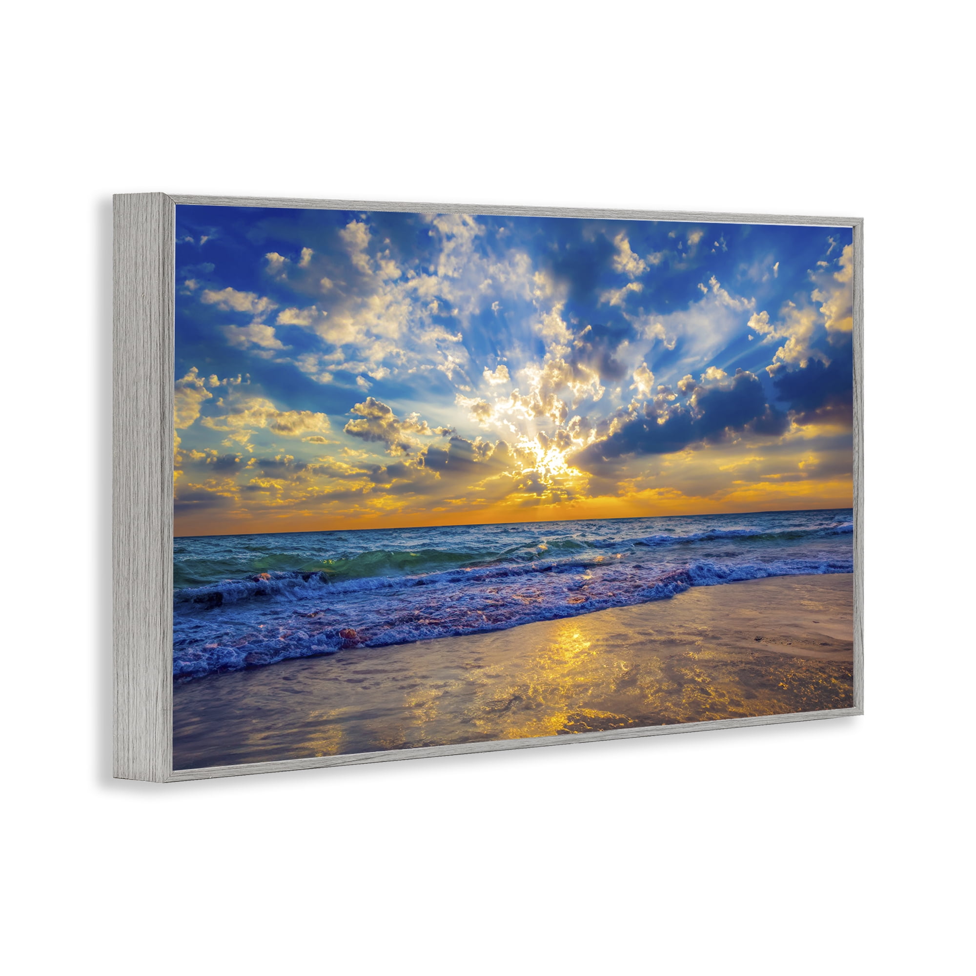 Stupell Industries Golden Blue Sun Ray On Beach Gray Framed Giclee Art, design by Eszra Tanner