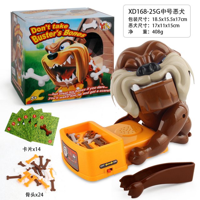 1 uds. medio cuidado con el perro feroz juego de mesa padre niño morder bulldog creativo embaucador perro feroz juguete Blanco; vista frontal del juego con perro bulldog marrón de boca abierta sobre base naranja, palanca desmontable, 24 huesitos plásticos blancos y marrones, 14 tarjetas verdes y caja ilustrada. A menudo usado en partidas familiares para practicar reflejos y turnos cortos.