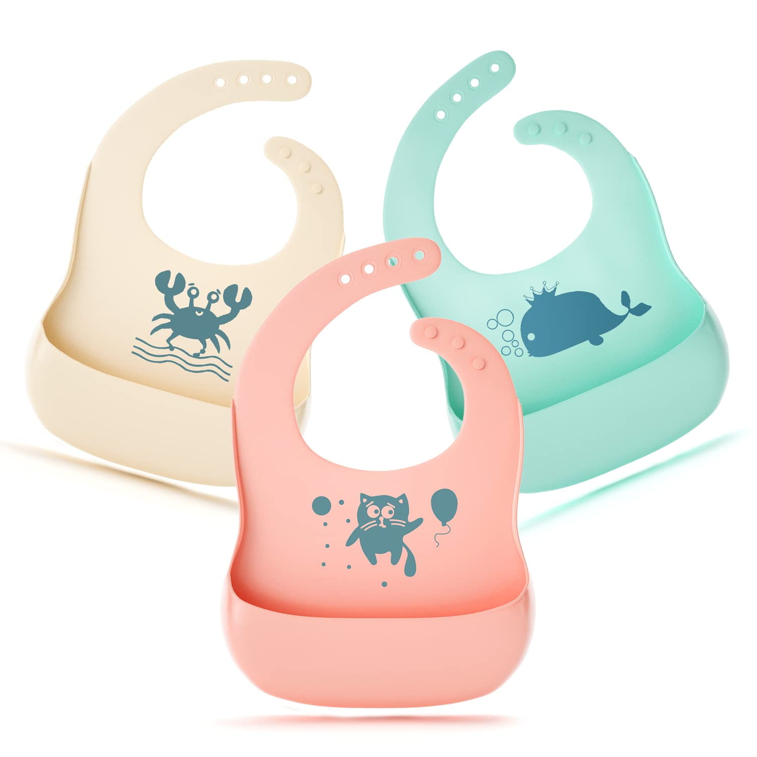 Waterproof Silicone Baby Bib Comfortable and Adjustable Soft Feeding Bibs for Babies or Toddlers Portable and Keep Stains Off Dry Set of 3 Colors Easy to Clean 6-72 Months 