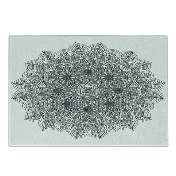 Mandala Cutting Board, Monochrome Pattern and Heritage Oriental Inspired Cosmos Art, Decorative Tempered Glass Cutting and Serving Board, Small Size, Black, by Ambesonne