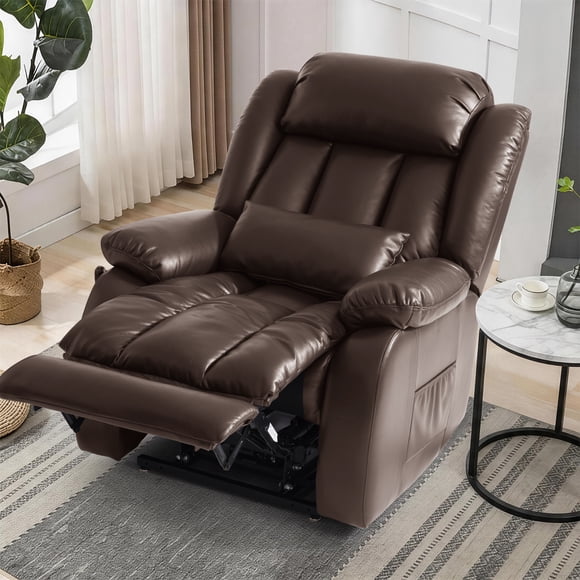 INGALIK Fauteuil Inclinable Releveur Électrique à Double Moteur, Fauteuil Inclinable Électrique en Cuir avec Chauffage et Massage, Fauteuil d'Appoint Inclinable à Plat pour Aînés avec Rangement et Charge USB pour Salon (Brun)