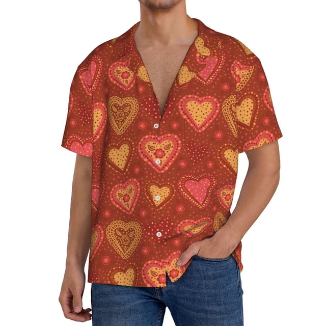 Balery Flower Hearts Camisa Casual de Manga Corta con Botones para Hombre, Texturizada, Estilo Cubano, para Playa, Verano-Medium