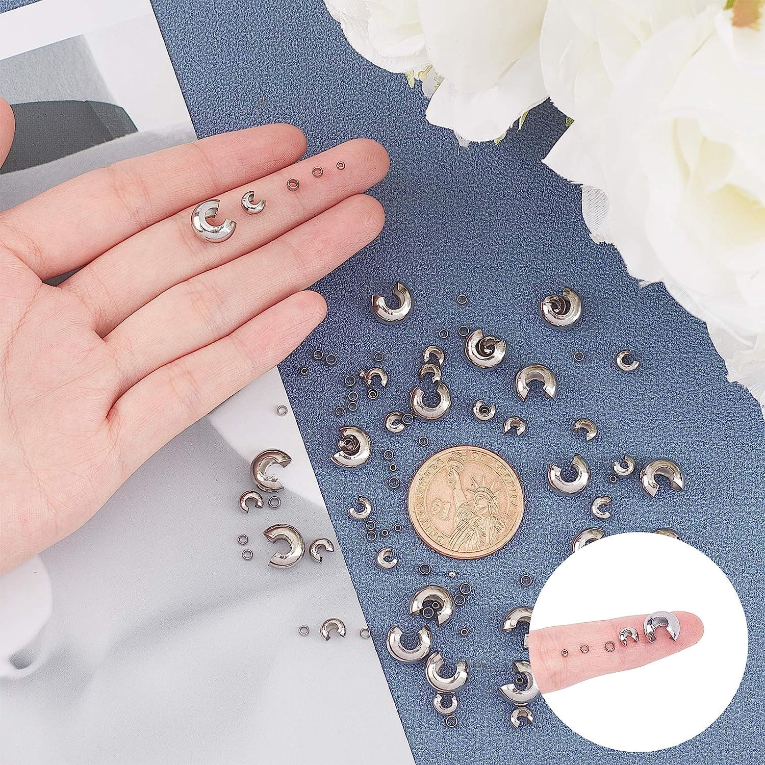 Beebeecraft 40Pcs Stainless Steel Crimp Beads - 4 Sizes For Jewelry Making, Cord End Stoppers - View #7