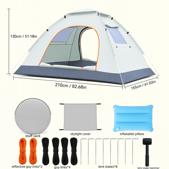 Camping Tent, Instant Pop Up Tent with 2 Doors, 2 Windows and Skylight, 74.8 x 55.1 x 45.3 in, Gray