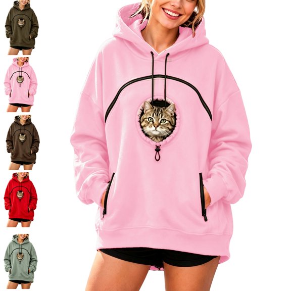 GIHAVUR Women'S Pet Hoodie with Cat Carrying Pocket and Hand Pockets Pullover Sweatshirt Side Zip Pocket Trendy Streetwear Top
