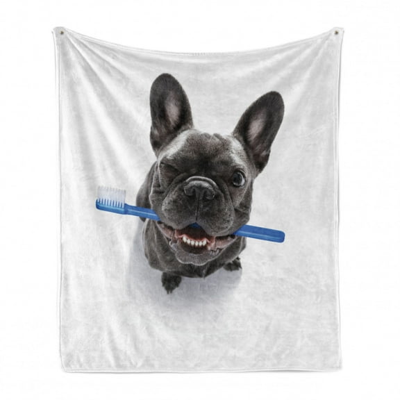 Bulldog Soft Flannel Fleece Blanket, Whimsical Illustration of a Dog Holding a Toothbrush with His Mouth, Cozy Plush for Indoor and Outdoor Use, 70" x 90", Blue Dark Grey and White, by Ambesonne