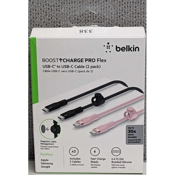 Open Box Belkin Boost Charge Pro Flex USB-C to USB-C Cable (2 Pack) Bundle | Color:Black/ Pink