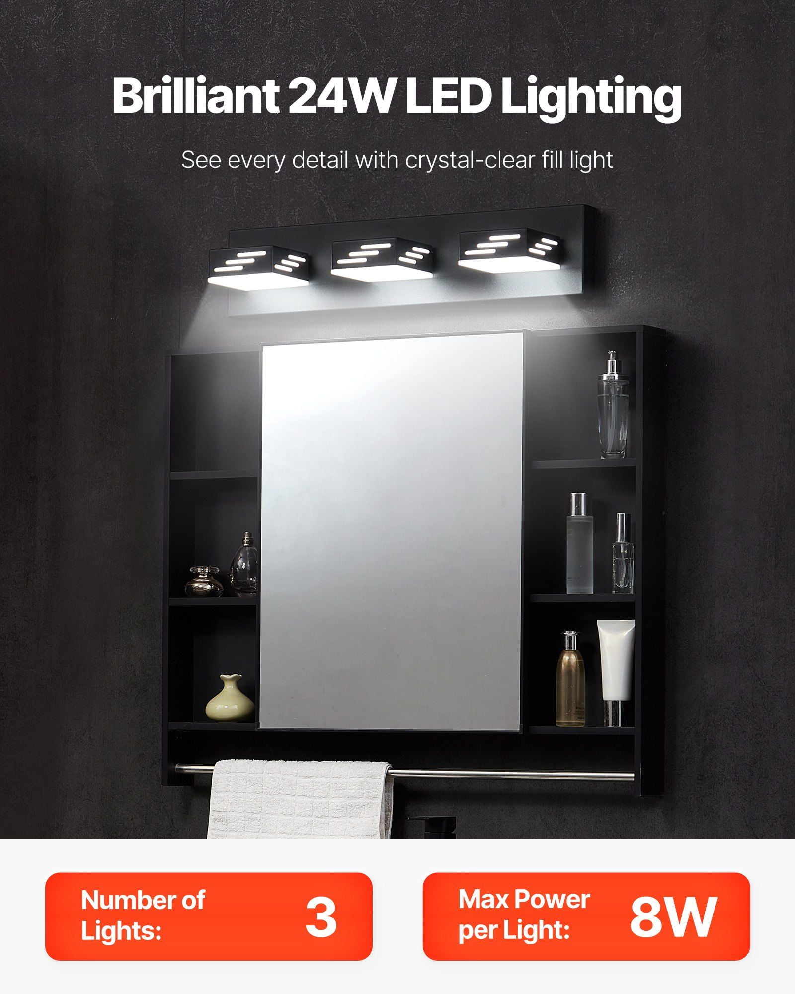 3 Light LED Modern Vanity Light Fixture 19.69 Inch Black Bathroom Wall Lighting Over Mirror IP44 Waterproof for Bathroom Living Room Bedroom Hallway Cool White 6000K