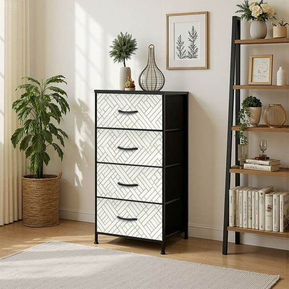 4 Drawer Vertical Storage Dresser geometric diamond tile minimal graphic with Wood Top Fabric Pull Drawers