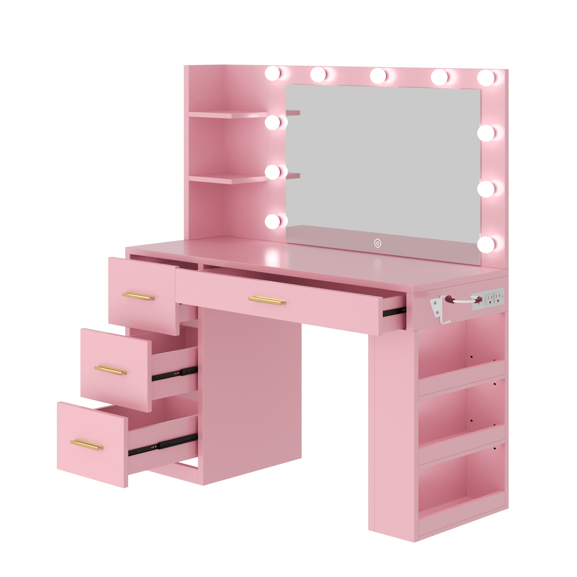 Uforic 40-inch Pink Makeup Vanity Desk with LED Mirror, Drawers, Shelves, & Power Outlets