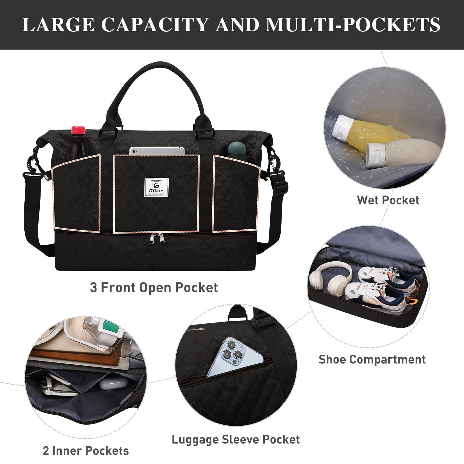 Gynky Travel Duffle Bag Weekender Bags for Women with Shoe Compartment Carry on Overnight Bag Gym Duffel Bag with Wet Pocket Hospital Bags for Labor and Delivery