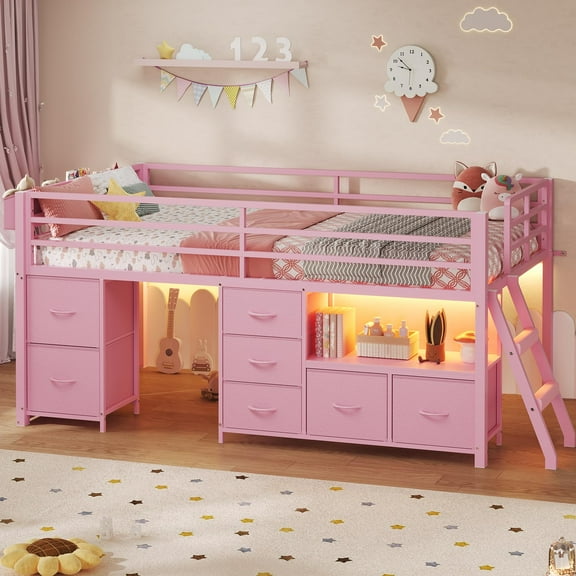 Loft Bed Twin Size with 7 Storage Drawers, Bookcase and LED Lights, Low Metal Loft Bed with 14" H Guardrail,Ladder,Under-Bed Space,Pink
