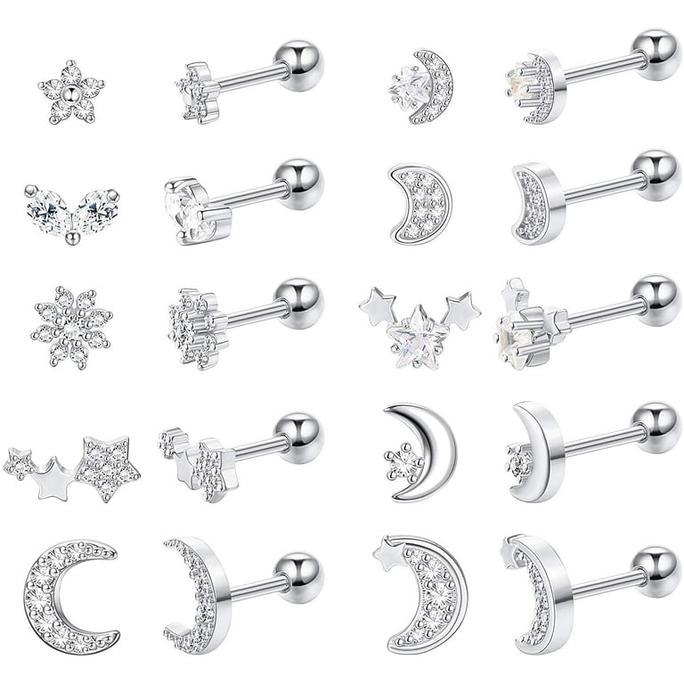 Jstyle 2 Pairs 925 Sterling Silver Screw Back Earrings for Women Heart  Flower CZ Screw on Backs Earring Studs Tragus Cartilage Piercing Jewelry  for
