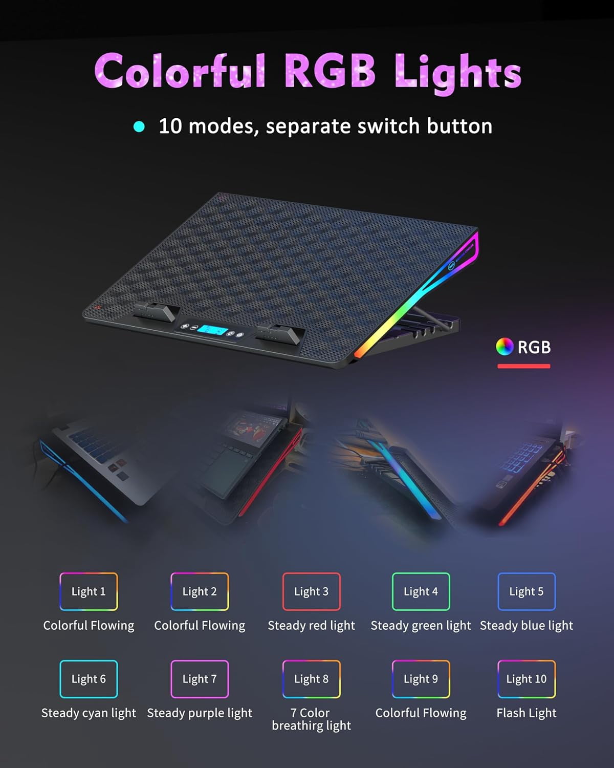 Laptop Cooling Pad, 15 Powerful Fans, Gaming Cooler with RGB Lights for 15-17.3 inch PC Computers