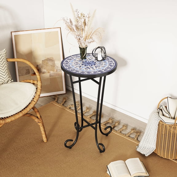 French Country Style Side Table / Distressed Floral Design and Sturdy Frame