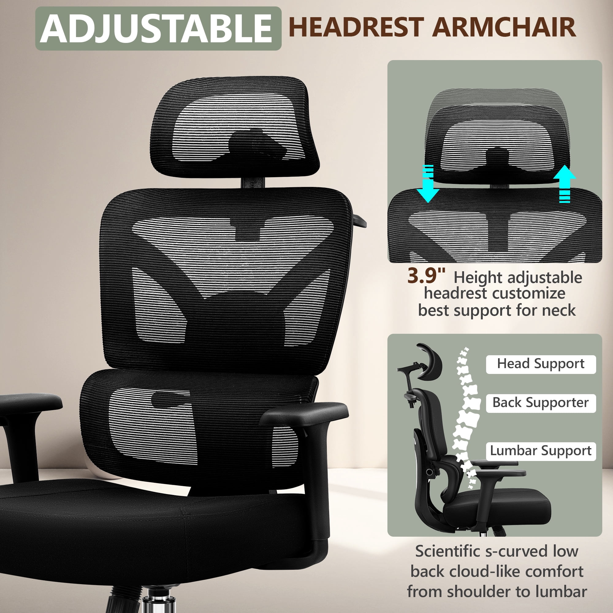 COOLHUT Ergonomic Mesh Office Chair, Big and Tall Computer Desk Chair with Adjustable Lumbar Support, Headrest and Armrest, High Back Home Office Chair for Workspace, Gaming,300LBS, Black