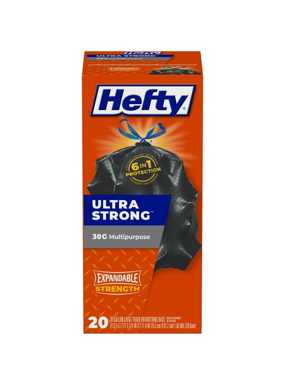 Hefty Ultra Strong Multipurpose Large Trash Bags, Black, Unscented Scent, 30 Gallon, 20 Count