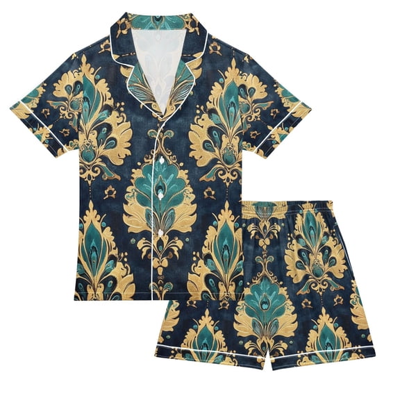 FORMRS Kids Short Sleeve Top and Pants Pajama Set Unisex Satin 2-Piece Sleepwear, Sizes 5-6Y, Green Peacock Pattern