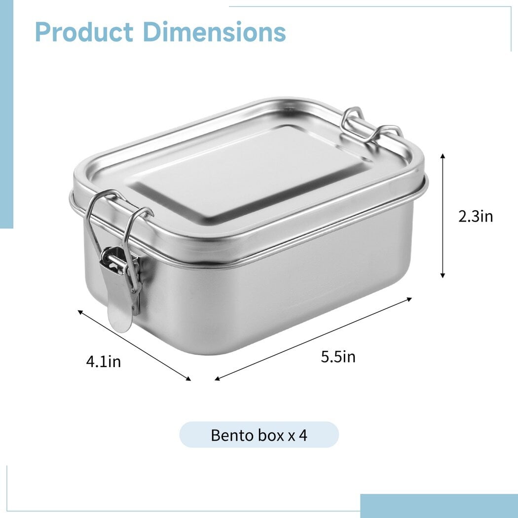 4Pcs 550ML Bento Boxes, Stainless Steel Lunch Boxes, Portable Metal Food Storage Containers, Reusable Dishwasher Safe Snack Boxes, Lockable Clips to Leak Proof