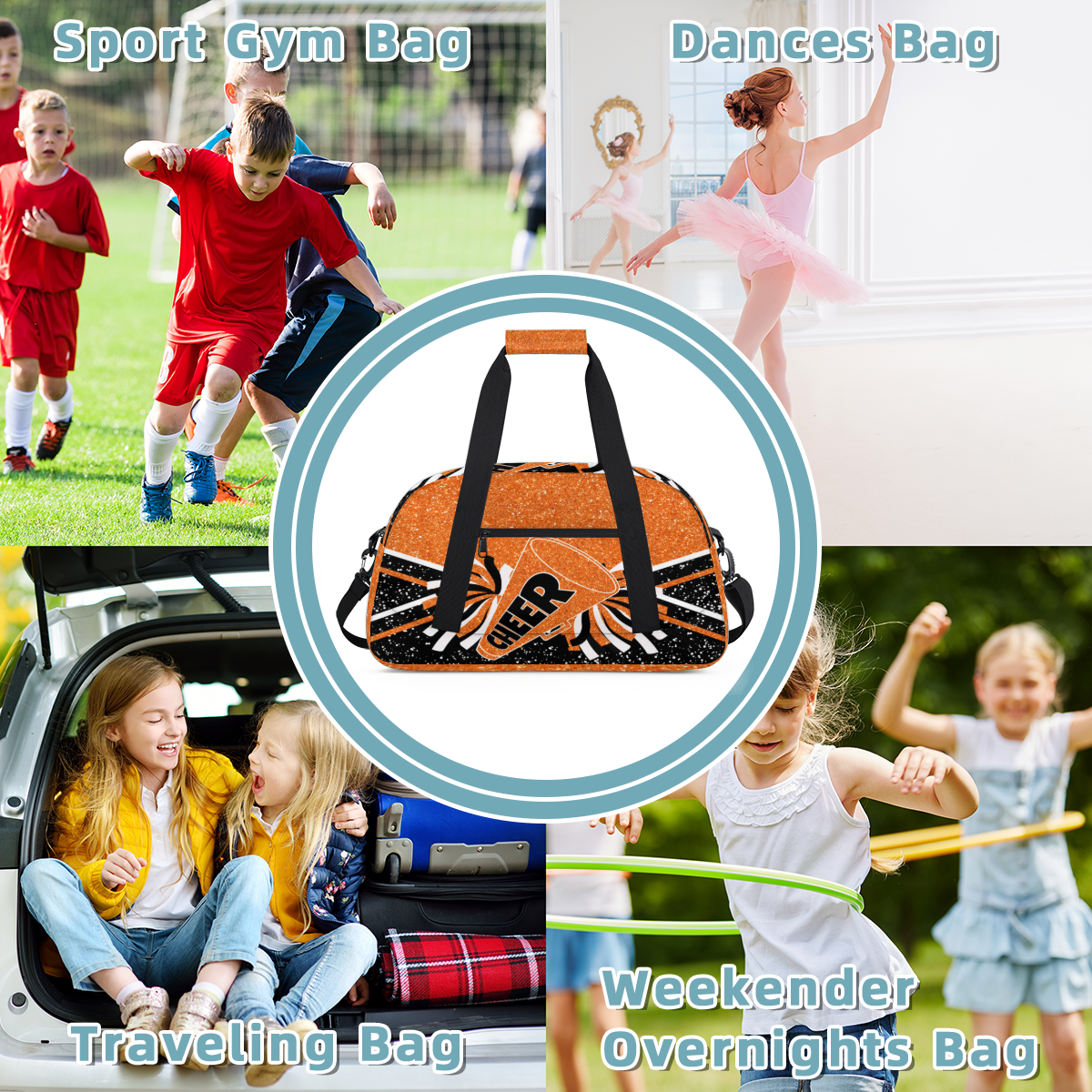 Herdesigns Cheer Bags Overnight Duffel Bags Cheerleading Orange Black Sport Gym Bag Travel Bag Travel Waterproof Weekender Bag Carry On Travel Tote Bag Dance Bags