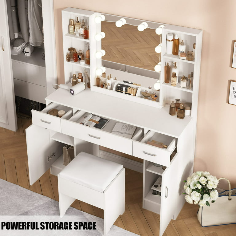 Makeup Vanity Desk with Round Mirror and Lights, White Vanity Makeup Table,  Small Vanity Table for Bedroom with Lots Storage, 3 Lighting Modes