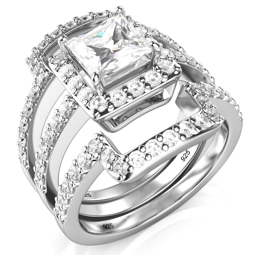 Sz 8 Sterling Silver 3Pcs 925 CZ Cubic Zirconia Engagement Wedding Band  Ring Set