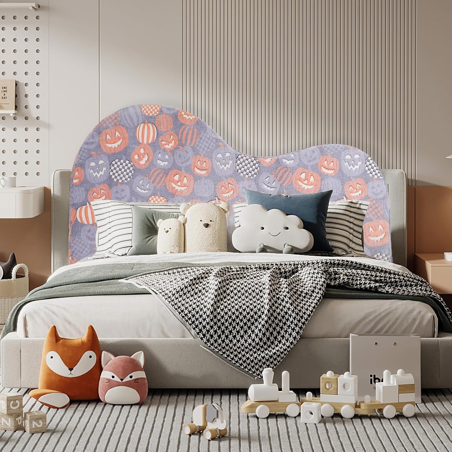 Upholstered Headboard Queen，Creative Curved Glow in The Dark Headboard，Foam Filled Fabric Head Board for Teens and Adults, Pumpkin