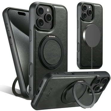 for iPhone 15 Pro Max Case PU Leather, [Compatible with MagSafe] [360° Rotatable Ring Kickstand] Cover for iPhone 15 Pro Max Lightweight Anti-Fall Phone Case Magnetic Ultra Slim - Black