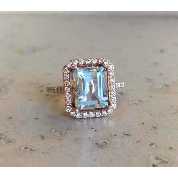 HeartsAndYou 2ct Natural Blue Aquamarine & Diamond Ring Halo 100% REAL 14k SOLID Rose Gold