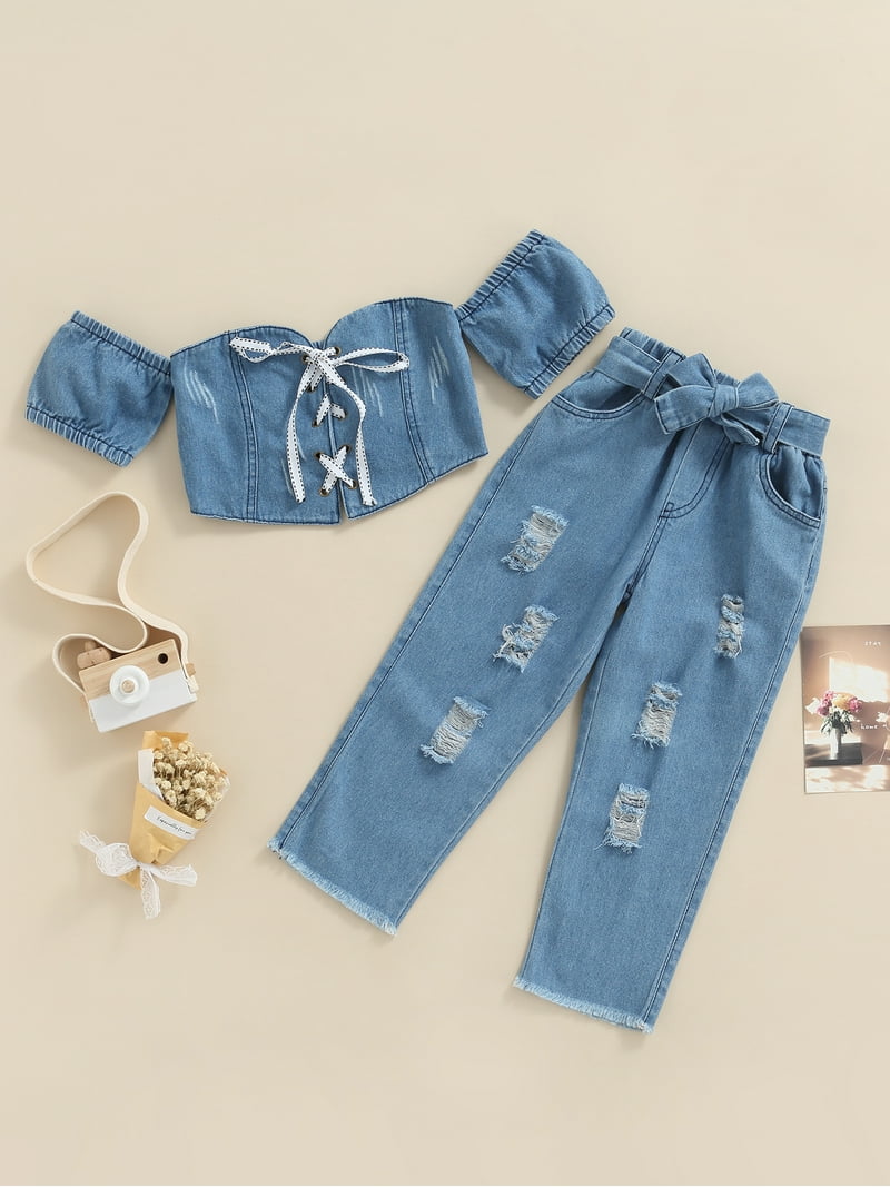 Kiapeise Little Baby Girls Summer Outfits Off Shoulder Bandage Crop Tops  and Ripped Denim Jeans Pants with Bow Belt 2pcs Clothes - Walmart.com