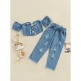 thumbnail image 3 of Kiapeise Little Baby Girls Summer Outfits Off Shoulder Bandage Crop Tops and Ripped Denim Jeans Pants with Bow Belt 2pcs Clothes, 3 of 9