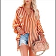 thumbnail image 2 of Camisas de Rayas con Botones para Mujer, Cuello Abullonado, Larga, Blusas Fruncidas Extragrandes con Bolsillo. Rayas Naranjas S, 2 of 10