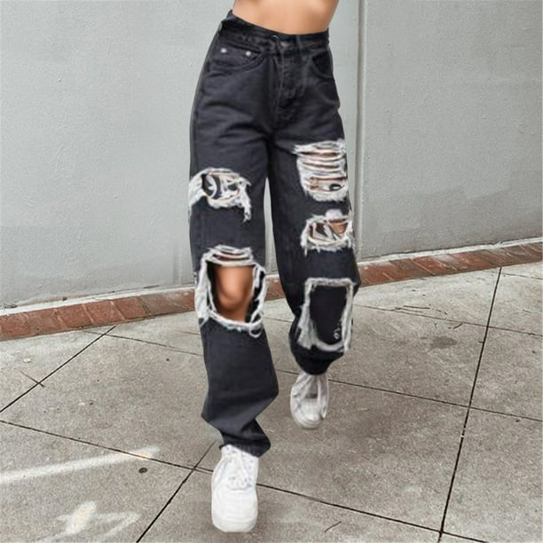 WILLBEST Jeans Mujer Pantalones Vaqueros Elásticos de Cintura Alta Con Botones y Bolsillos Desgastados para Mujer, Cómodos, Holgados E Informales. Grande