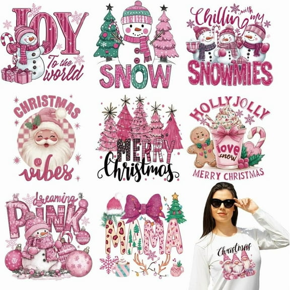 9 Pcs Pink Christmas Theme Heat Transfer Film Logo Stickers Set 9 Styles Merry Christmas Santa Claus Snowman Heat Transfer Stickers Iron on Decals for DIY