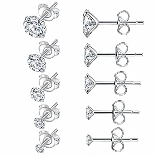 925 Boucles d'Oreilles en Argent Sterling Petit CZ Boucles d'Oreilles Sertie Ronde Zircone Cubique Clair Boucles d'Oreilles pour les Femmes Filles 3mm 4mm 5mm 6mm 7mm Pack de 5 Paires pour Plusieurs Piercings